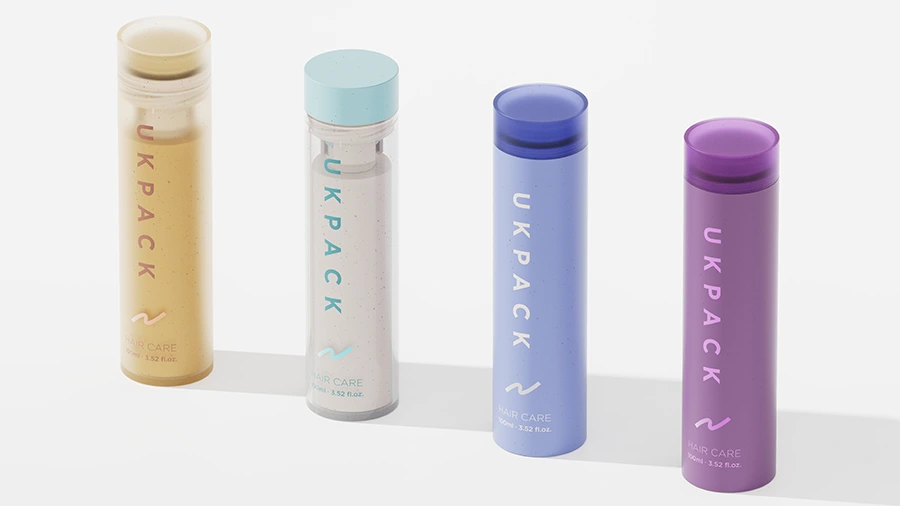 3D render of upside-down airless bottle with stamp-style dispensing structure by UKPACK