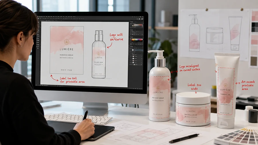 cosmetic packaging artwork review showing printable area and curved surface label issues - 1