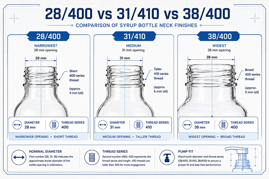 syrup bottle neck finish comparison – 1 comparison of 28/400, 31/410, and 38/400 syrup bottle neck finishes