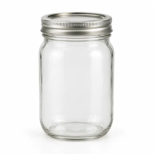 Clear unbranded threaded glass Mason jar with a plain two-piece metal lid