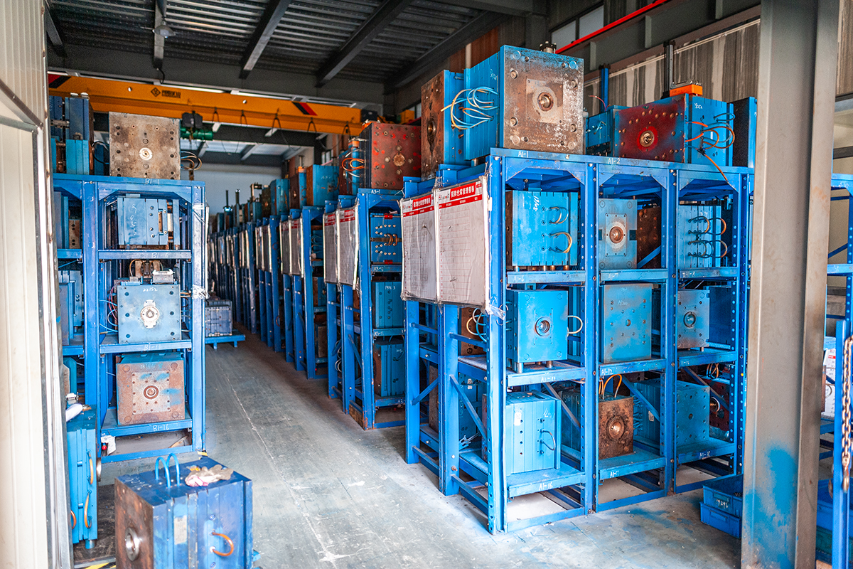 Mold Storage for Cosmetic Packaging Production Cosmetic packaging molds stored for production